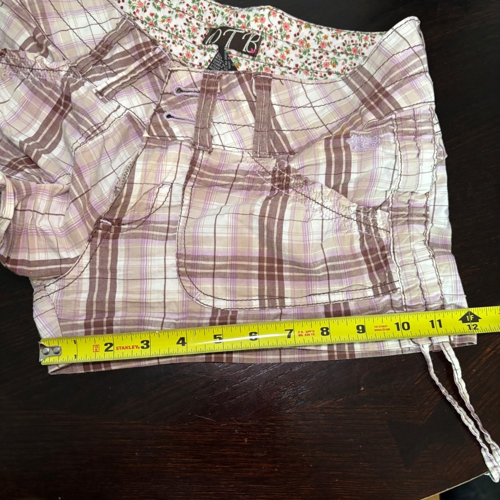 Y2K VTG Mcbling Plaid Low Rise Ruched Side Tie Shorts Brown Purple Size 5/6 Indi - Picture 14 of 14